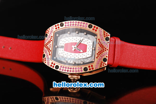 Richard Mille RM007 Automatic Movement Rose Gold Case with Diamond Hour Marker and Diamond Bezel-Red Leather Strap - Click Image to Close